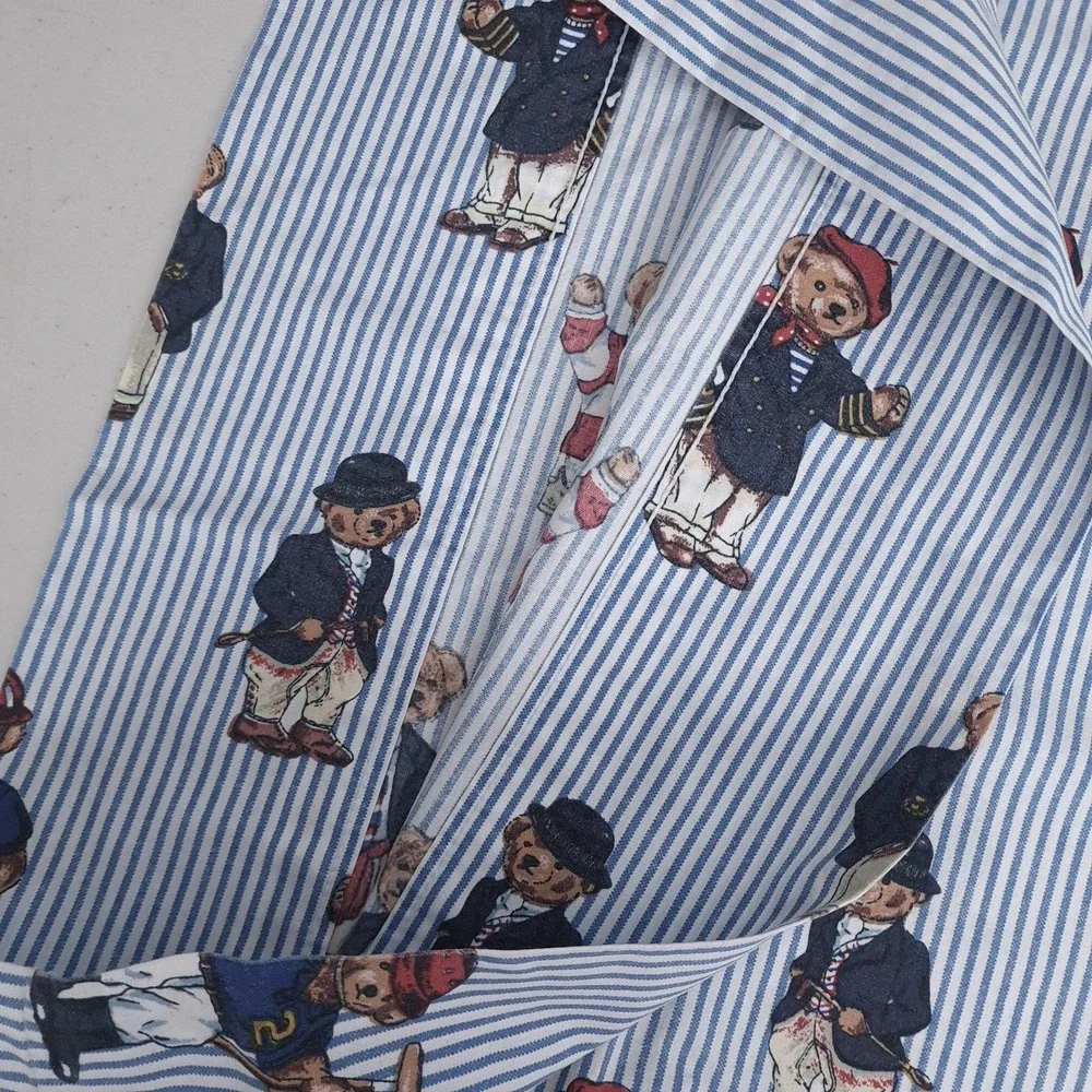 Ralph Lauren Polo Bear Pillowcase Flat Sheet 2 Piece Set Twin Blue Striped Rugby
